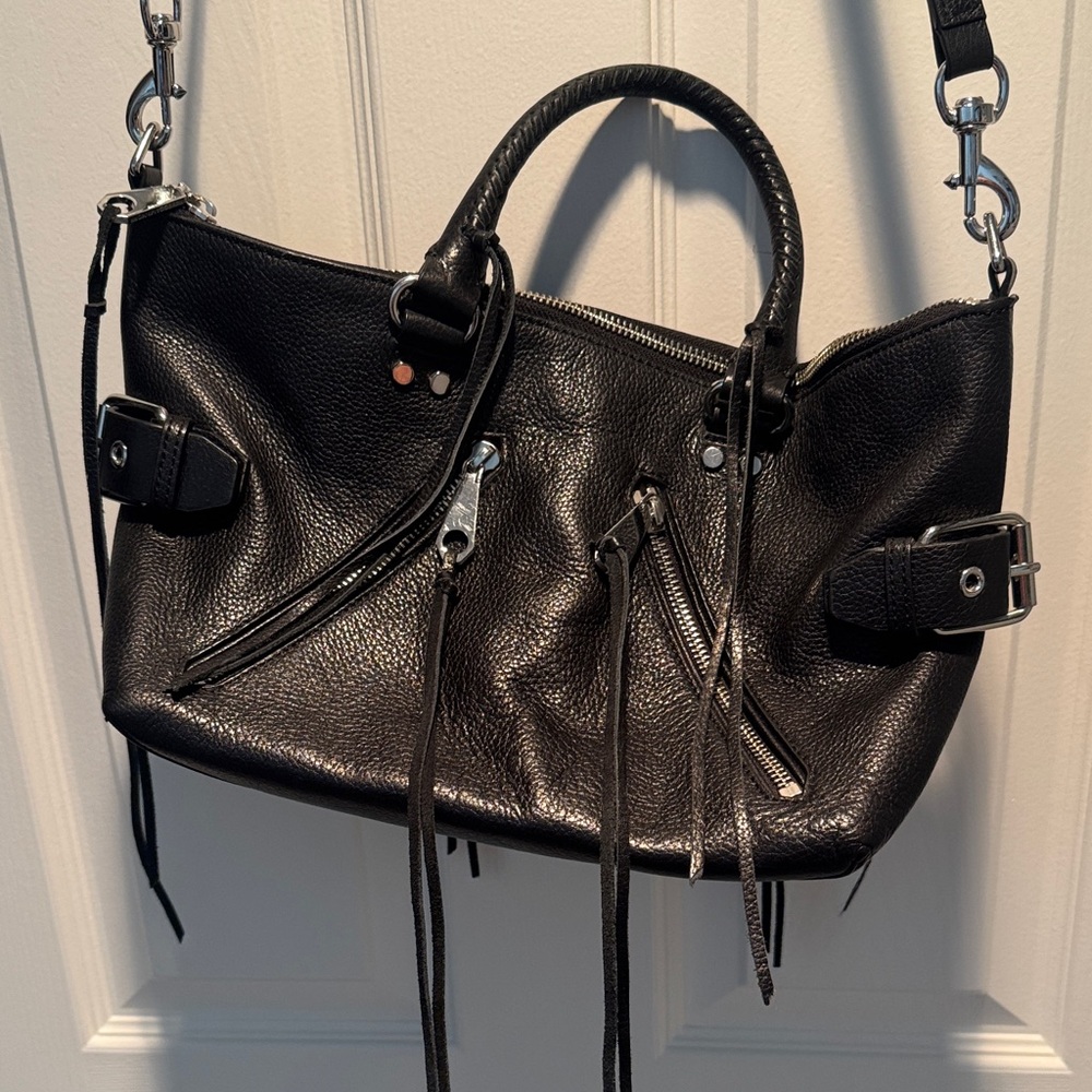 Rebecca Minkoff Black Large Pebbled Moto Leather Satchel Crossbody Silver Zipper - Picture 6 of 12